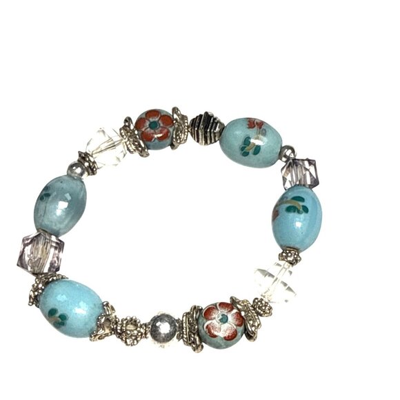 Light Blue Glass Beaded Stretch Bracelet Handmade Boho Jewelry - Picture 4 of 7